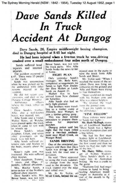 Champion boxer, Dave Sands Dead, Sydney Morning Herald 12 Aug 1952, p1